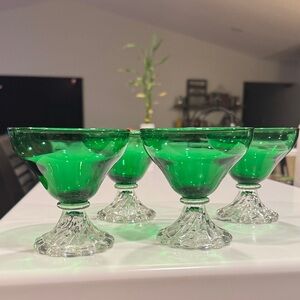Anchor Hocking Vintage Green Glass Coupes with Clear Stems set of 4